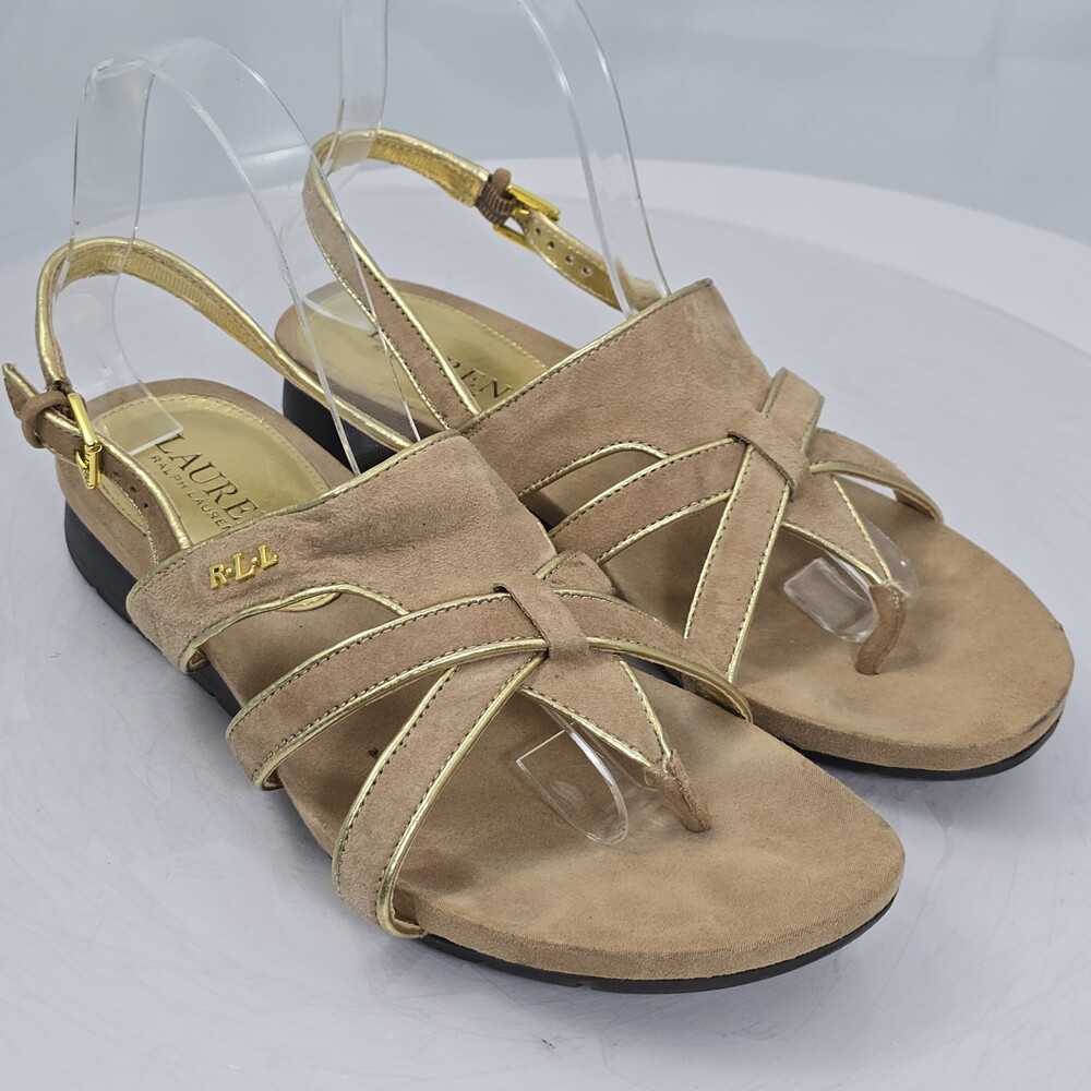 LRL Lauren Ralph Lauren Lindsay Suede Strappy Sandals Women 8 B Natural Slingbak